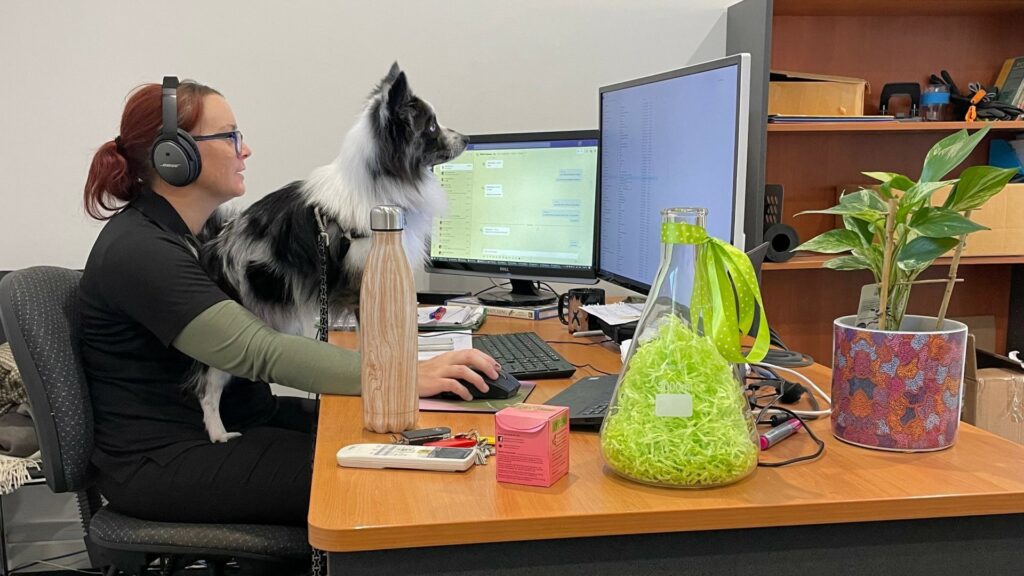 Louise sitting at her desk for environmental reporting with her dog on her lap